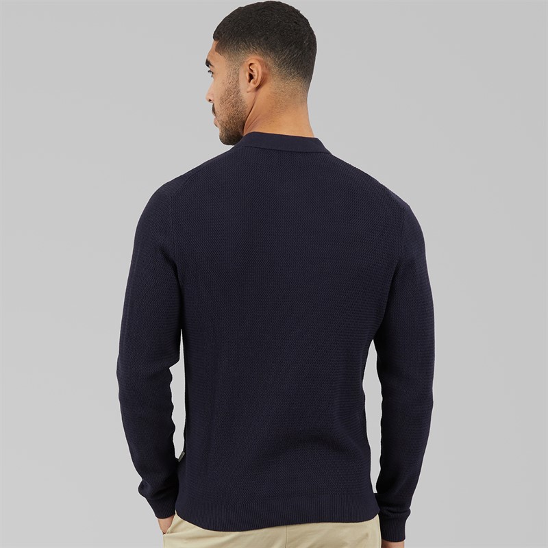 JACK & JONES Mens Cooper Knitted Long Sleeve Polo Shirt Night Sky
