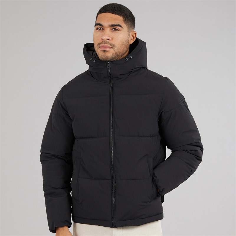 JACK & JONES Mens Surface Hooded Puffer Coat Black