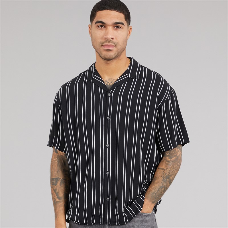 JACK & JONES Mens Jeff Stripe Resort Short Sleeve Shirt Black