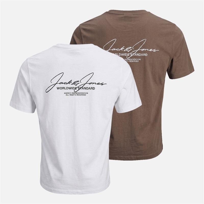 JACK & JONES Mens Cover Script Two Pack Relaxed T-Shirts White/Falcon