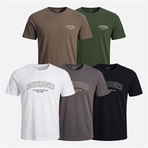 JACK & JONES Mens Gavin Five Pack T-Shirts White/Duffle Bag/Asphalt/Falcon/Black