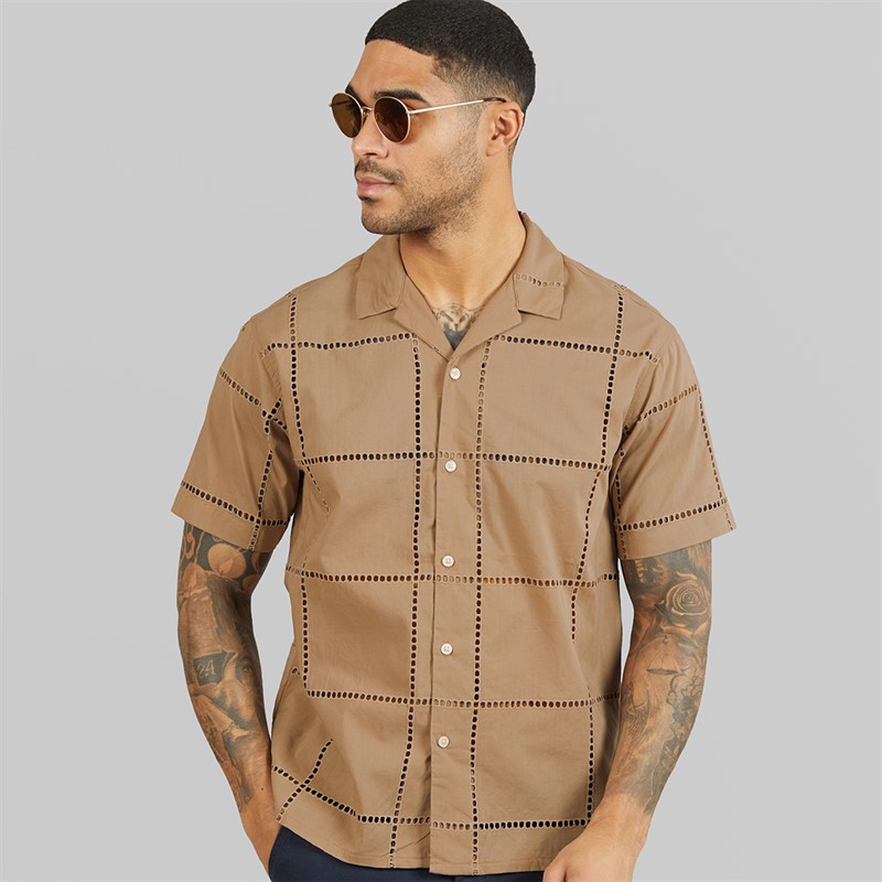 JACK & JONES Mens Summer Luke Anglaise Resort Short Sleeve Shirt Mocha Meringue