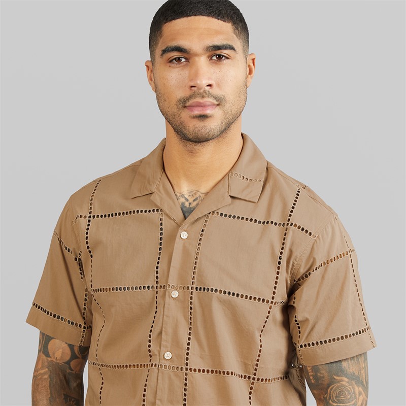 JACK & JONES Mens Summer Luke Anglaise Resort Short Sleeve Shirt Mocha Meringue