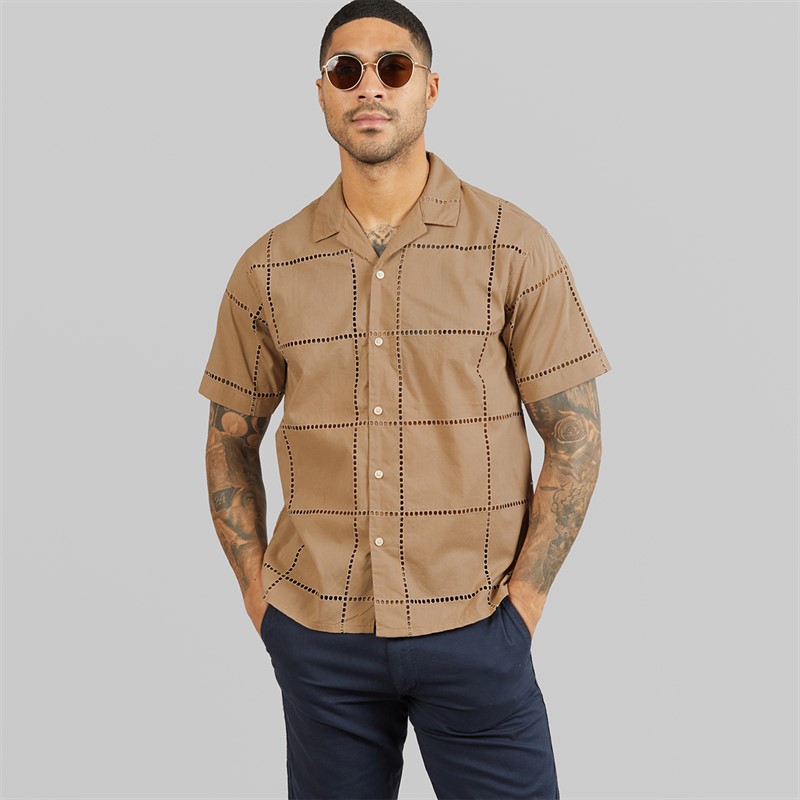 JACK & JONES Mens Summer Luke Anglaise Resort Short Sleeve Shirt Mocha Meringue