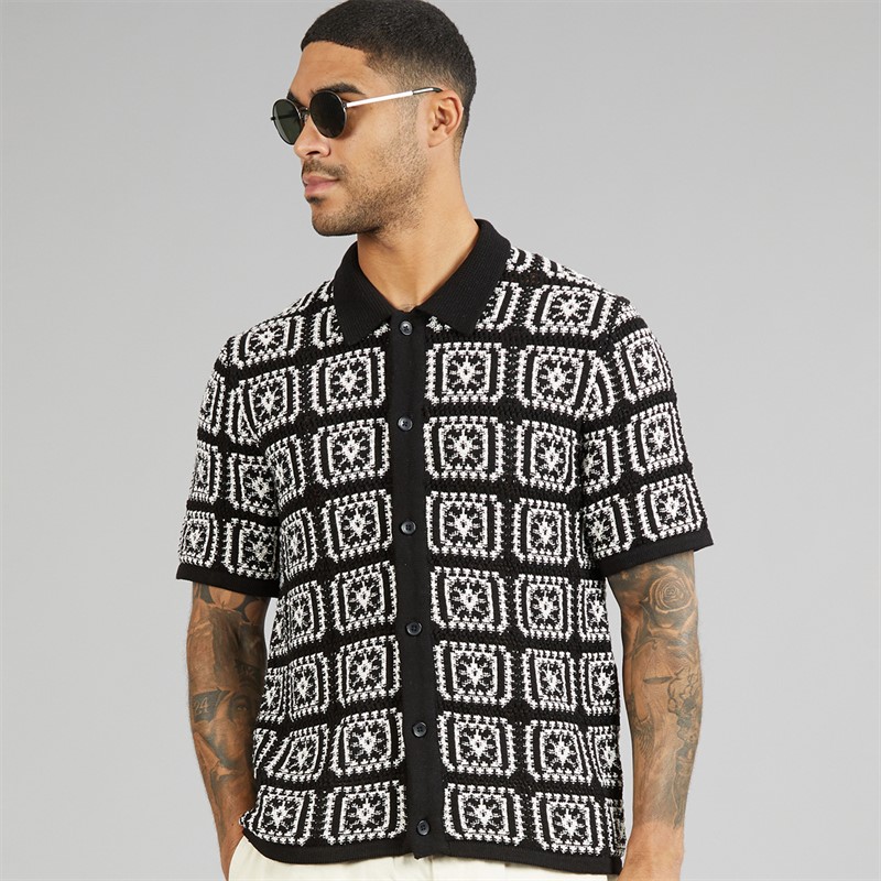 JACK & JONES Mens Colin Knit Crochet Polo Shirt Black