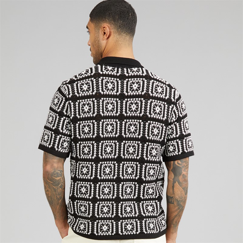 JACK & JONES Mens Colin Knit Crochet Polo Shirt Black