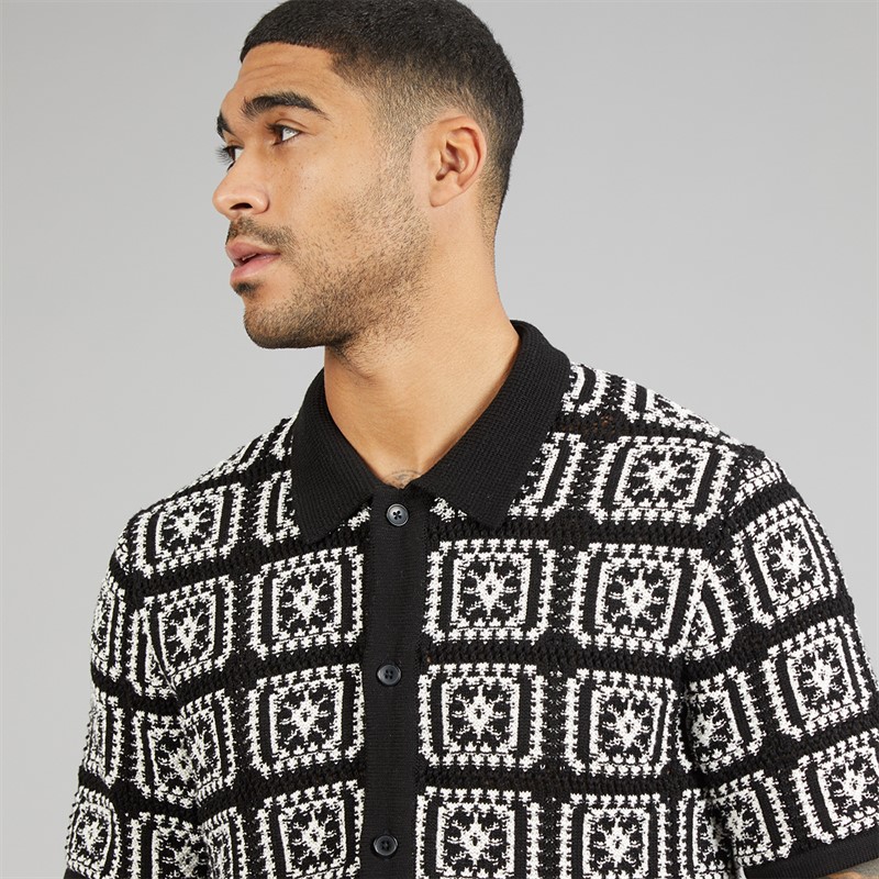 JACK & JONES Mens Colin Knit Crochet Polo Shirt Black