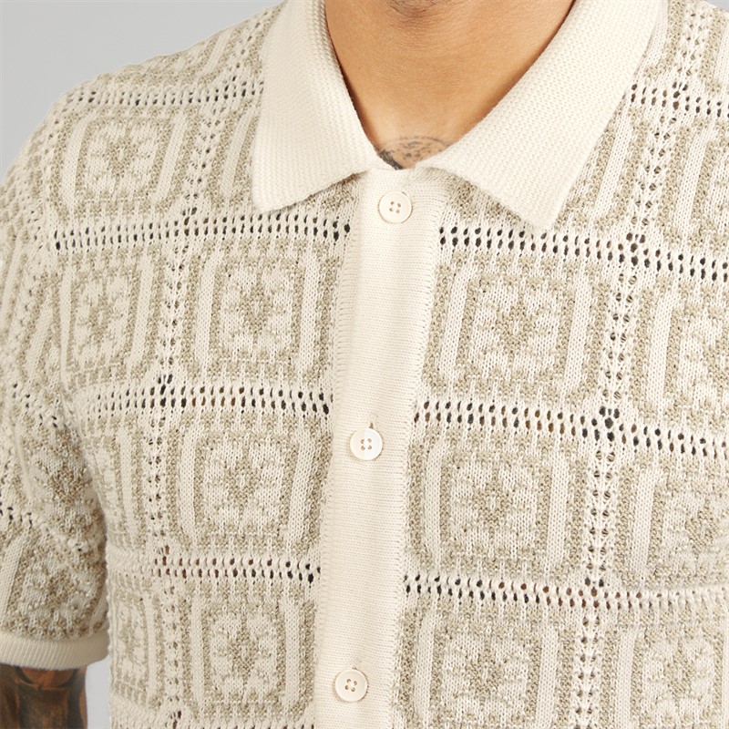 JACK & JONES Mens Colin Knit Crochet Polo Shirt Sea Salt