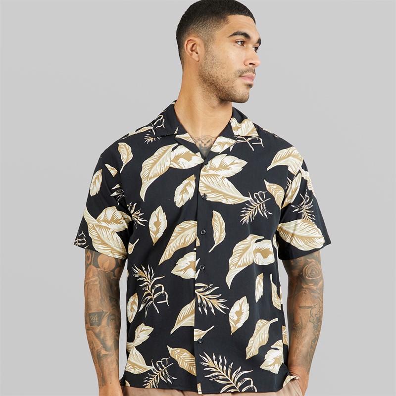 JACK & JONES Mens Bladrew Print Resort Short Sleeve Shirt Black