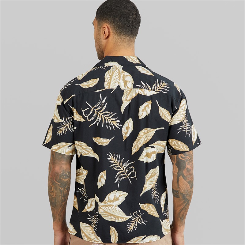 JACK & JONES Mens Bladrew Print Resort Short Sleeve Shirt Black