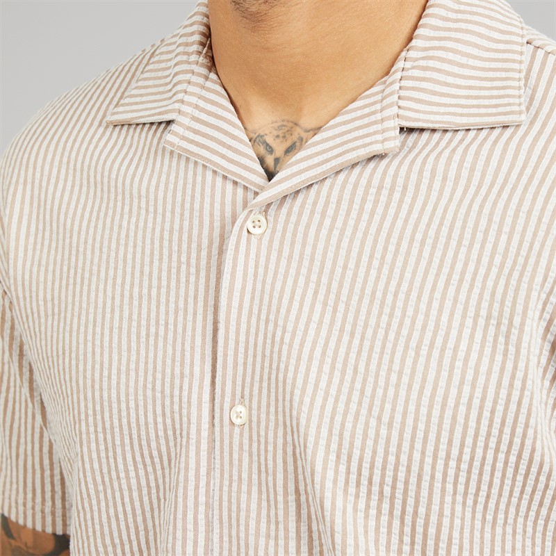 JACK & JONES Mens Summer Stripe Short Sleeve Shirt Mocha Meringue