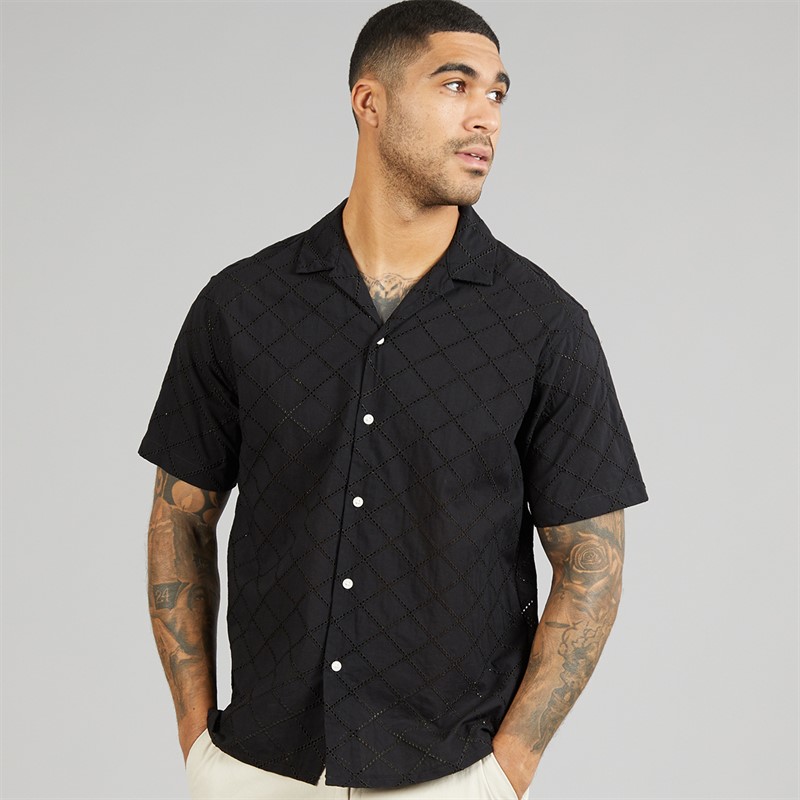 JACK & JONES Mens Summer Luke Anglaise Resort Short Sleeve Shirt Black