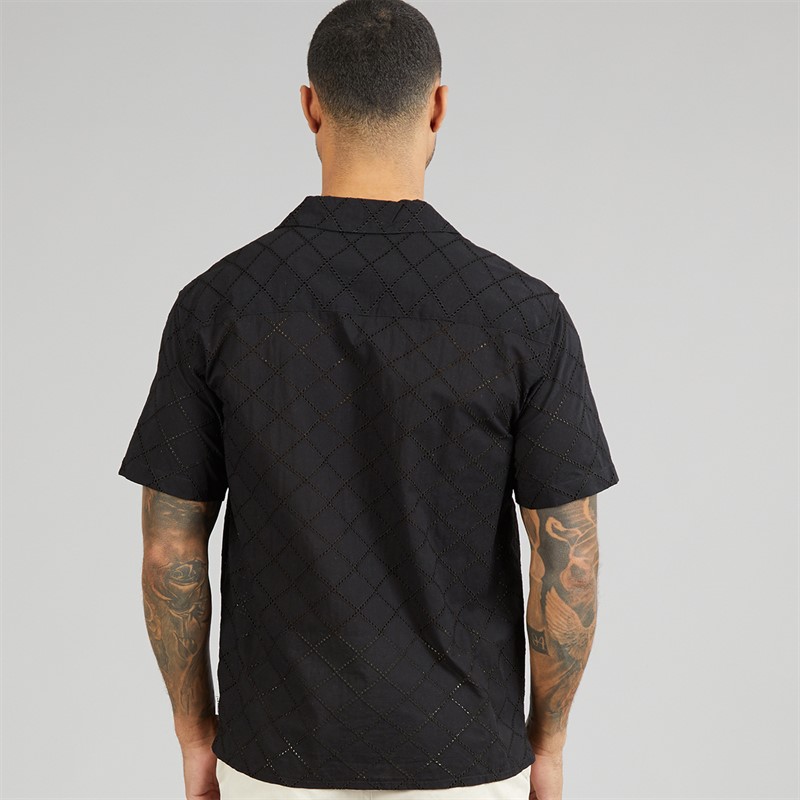 JACK & JONES Mens Summer Luke Anglaise Resort Short Sleeve Shirt Black