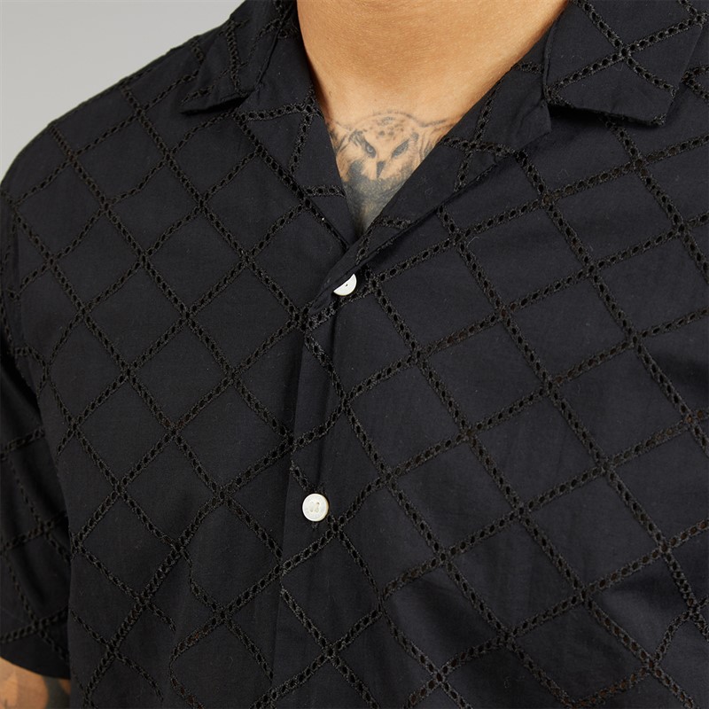 JACK & JONES Mens Summer Luke Anglaise Resort Short Sleeve Shirt Black