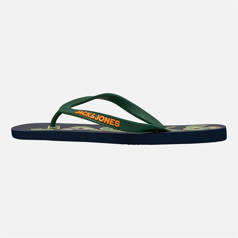 JACK & JONES Mens Palm Print Logo Flip Flops Navy Blazer/Verdant Green