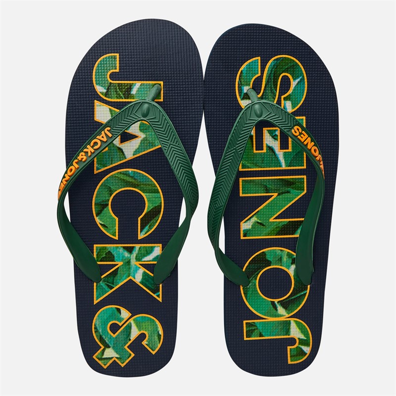 JACK & JONES Mens Palm Print Logo Flip Flops Navy Blazer/Verdant Green