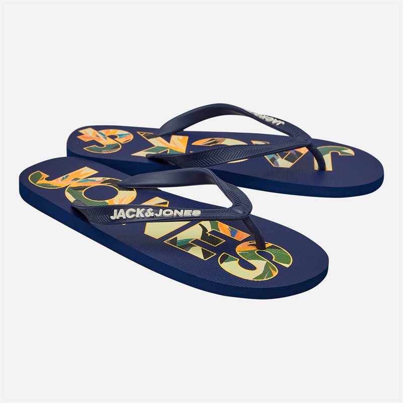 JACK & JONES Mens Palm Print Logo Flip Flops Mediaval Blue