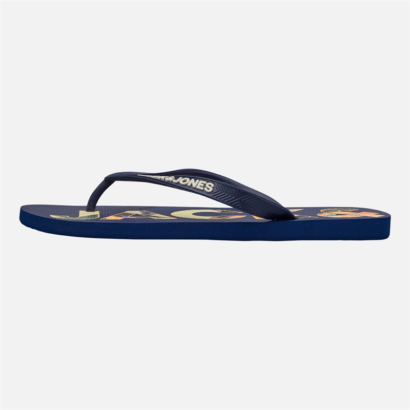 JACK & JONES Mens Palm Print Logo Flip Flops Mediaval Blue