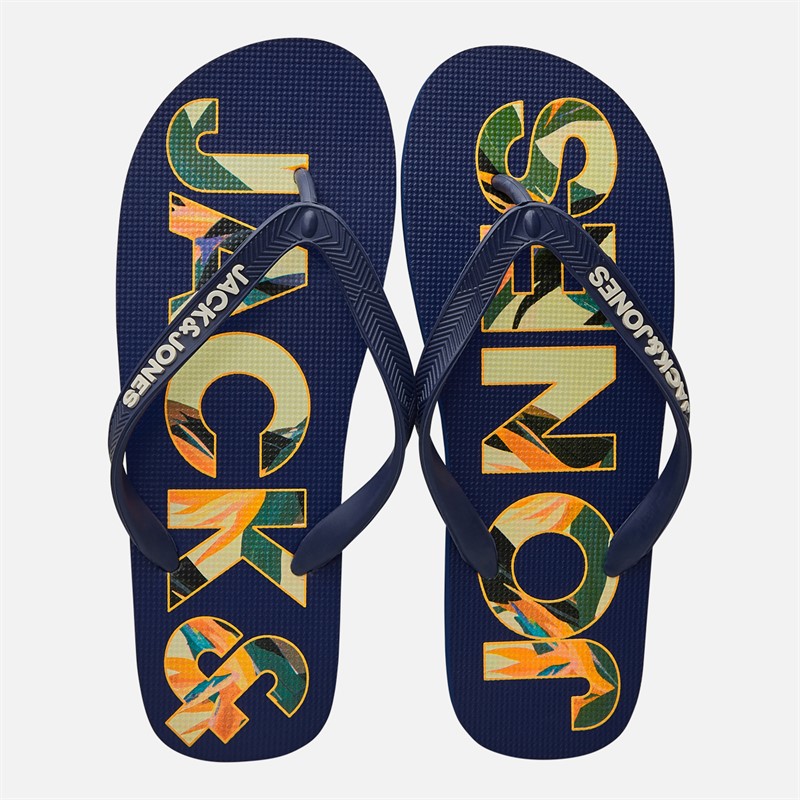 JACK & JONES Mens Palm Print Logo Flip Flops Mediaval Blue