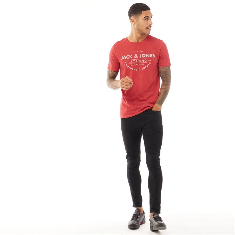 JACK AND JONES Mens Jeans Crew Neck T-Shirt Rio Red