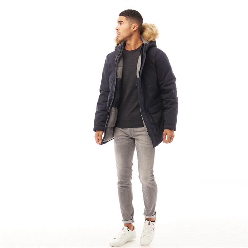 JACK AND JONES Mens Jack Fur Parka Navy Blazer