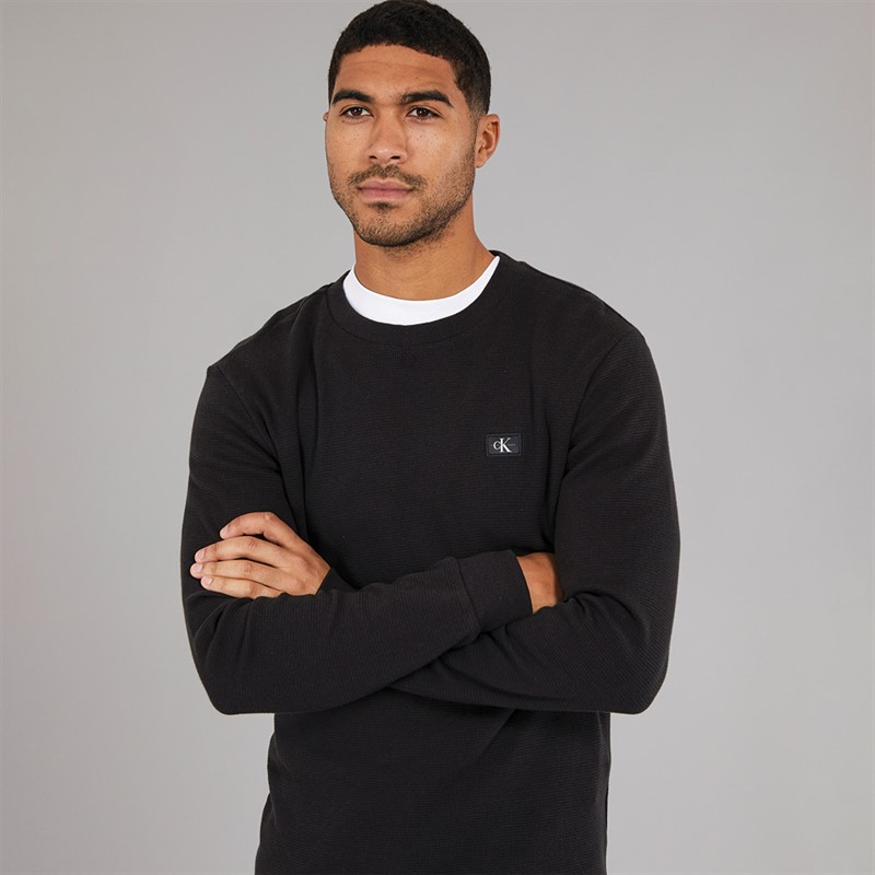 Calvin Klein Jeans Mens Woven Label Waffle T-Shirt CK Black - Size L