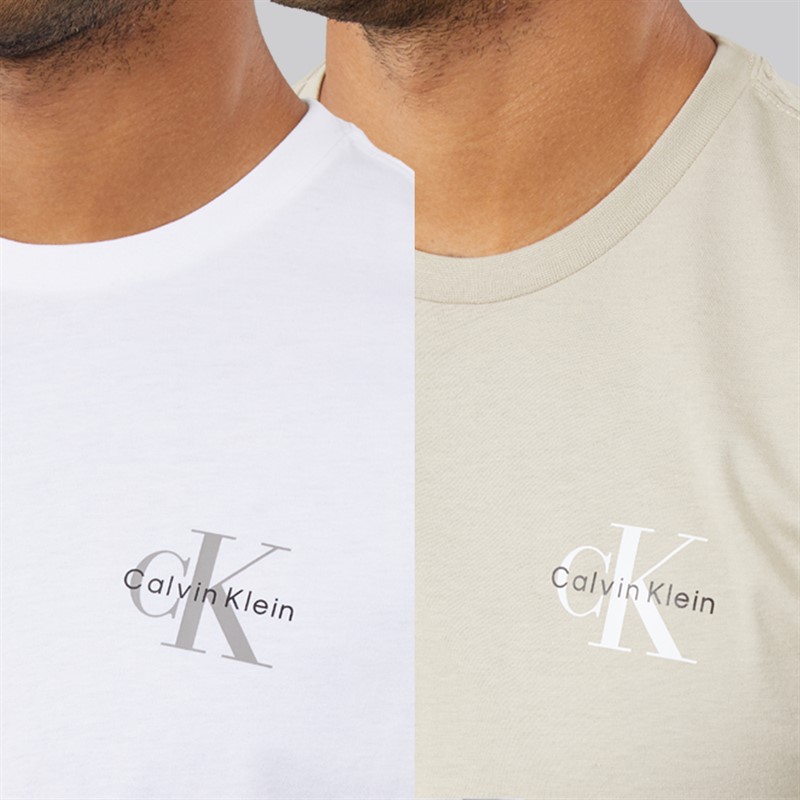 Calvin Klein Jeans Mens Classic Logo Two Pack T-Shirts Bright White/Plaza Taupe