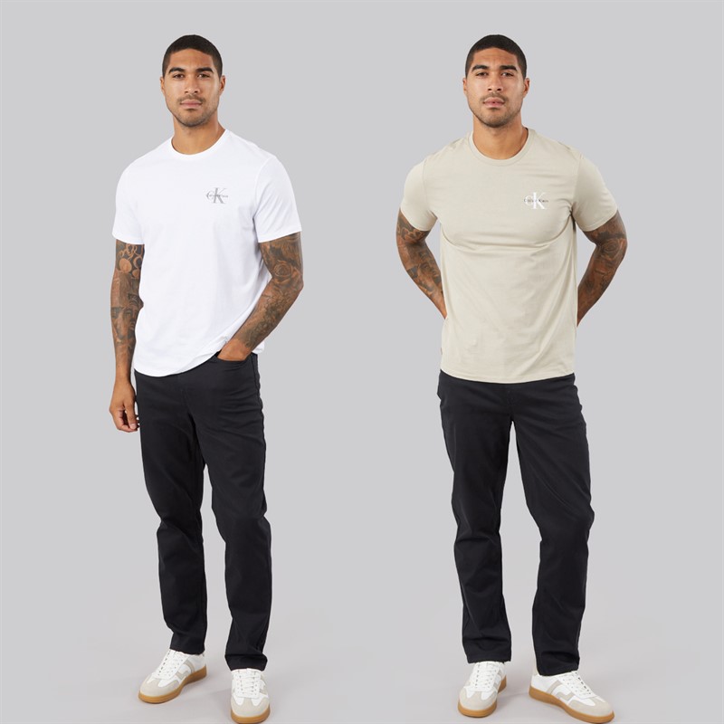 Calvin Klein Jeans Mens Classic Logo Two Pack T-Shirts Bright White/Plaza Taupe