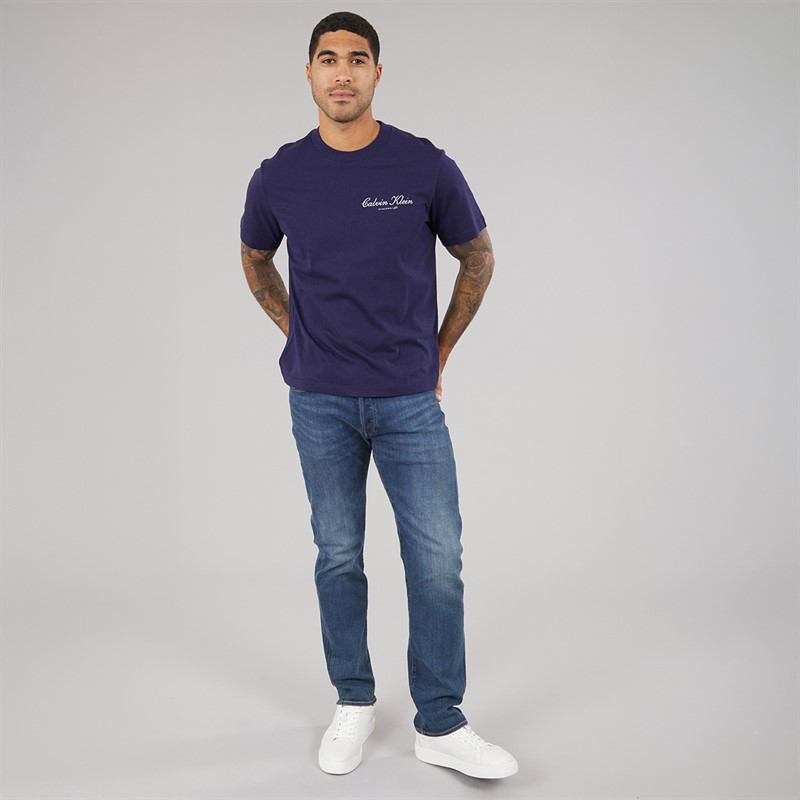 Calvin Klein Jeans Mens Short Sleeve Embroidered Logo T-Shirt Evening Blue