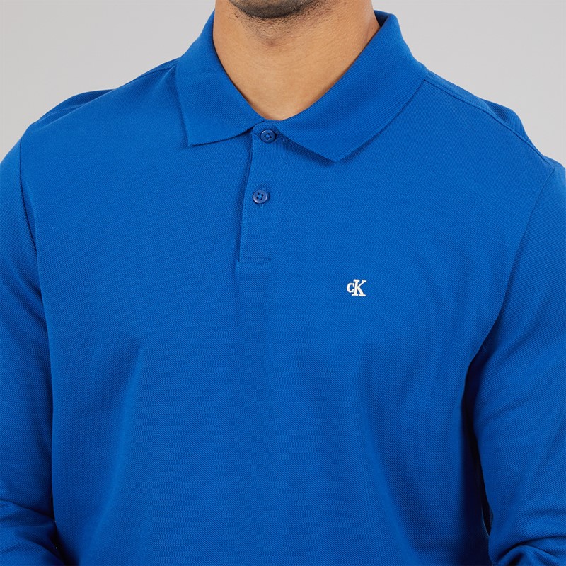 Calvin Klein Jeans Mens Long Sleeve Casual Pique Polo Shirt Chase Blue