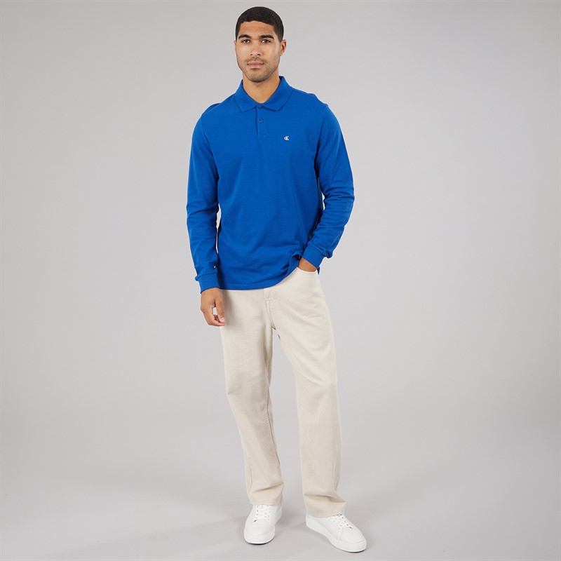 Calvin Klein Jeans Mens Long Sleeve Casual Pique Polo Shirt Chase Blue