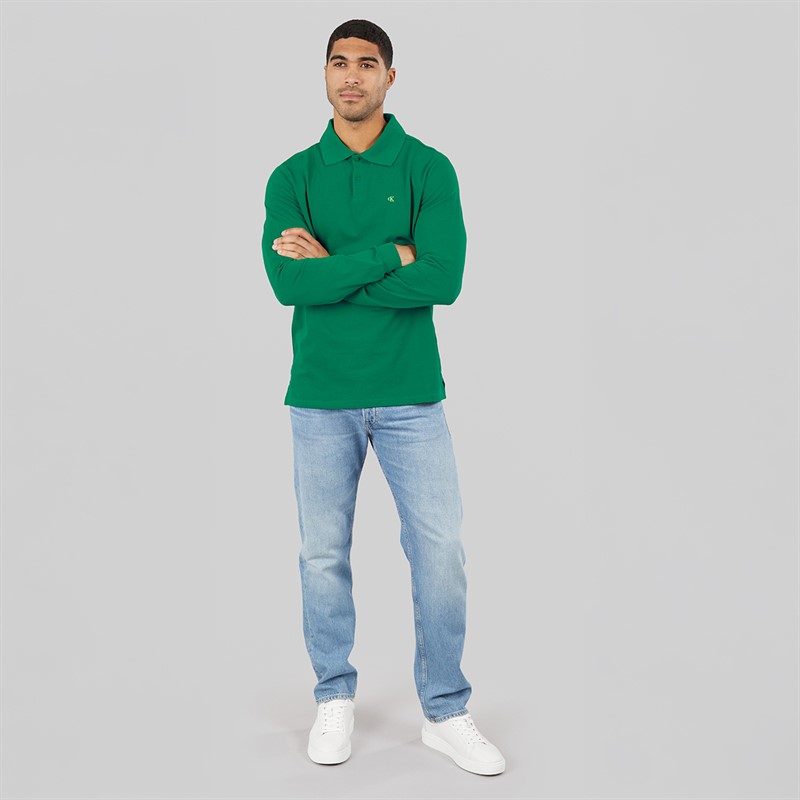 Calvin Klein Jeans Mens Long Sleeve Casual Pique Polo Shirt Deco Green