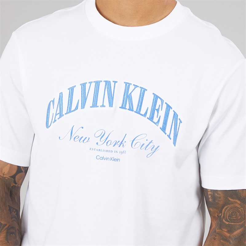 Calvin Klein Jeans Mens Short Sleeve Embroidered NYC Logo Graphic T-Shirt Bright White