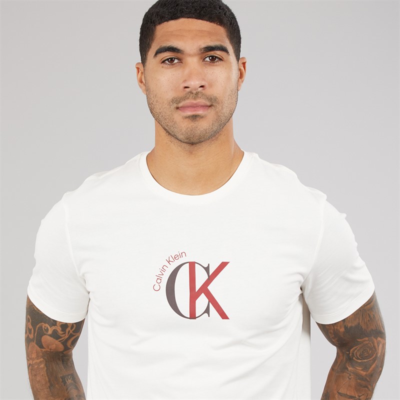 Calvin Klein Jeans Mens Short Sleeve CKJ Logo Graphic T-Shirt White Greige