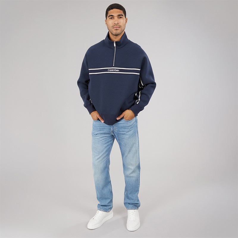Calvin Klein Jeans Mens Cotton Spacer Relaxed Half Zip Sweatshirt Dark Sapphire
