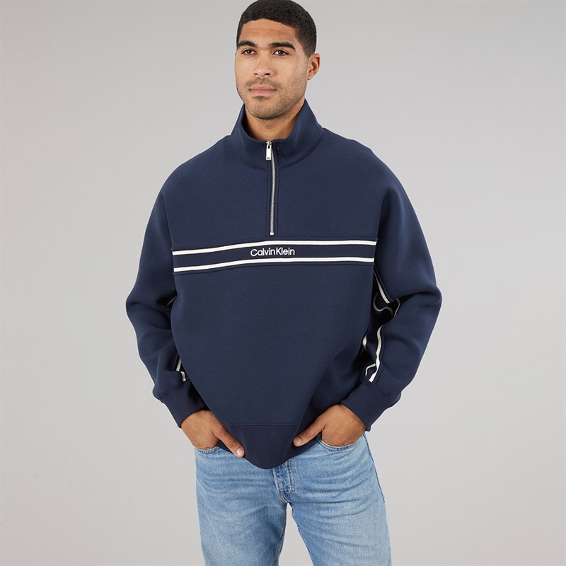 Calvin Klein Jeans Mens Cotton Spacer Relaxed Half Zip Sweatshirt Dark Sapphire
