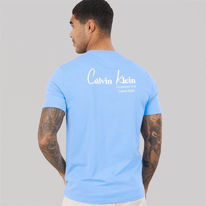Calvin Klein Jeans Mens Short Sleeve Front And Back Print Graphic T-Shirt Blue Descent