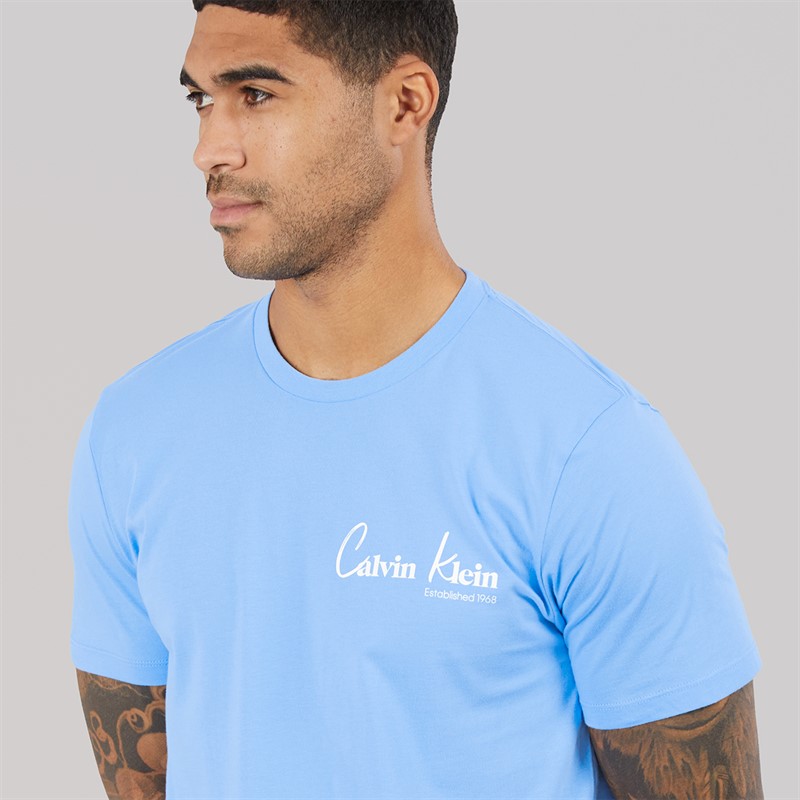 Calvin Klein Jeans Mens Short Sleeve Front And Back Print Graphic T-Shirt Blue Descent