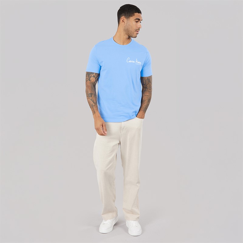Calvin Klein Jeans Mens Short Sleeve Front And Back Print Graphic T-Shirt Blue Descent