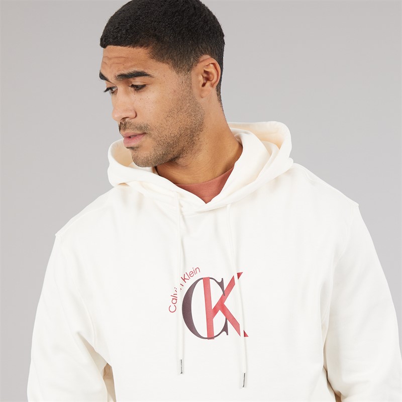 Calvin Klein Jeans Mens Terry Graphic Logo Hoodie White Greige