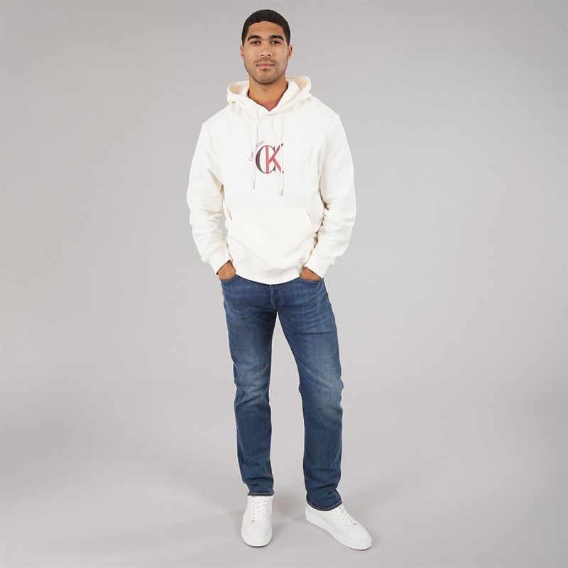 Calvin Klein Jeans Mens Terry Graphic Logo Hoodie White Greige