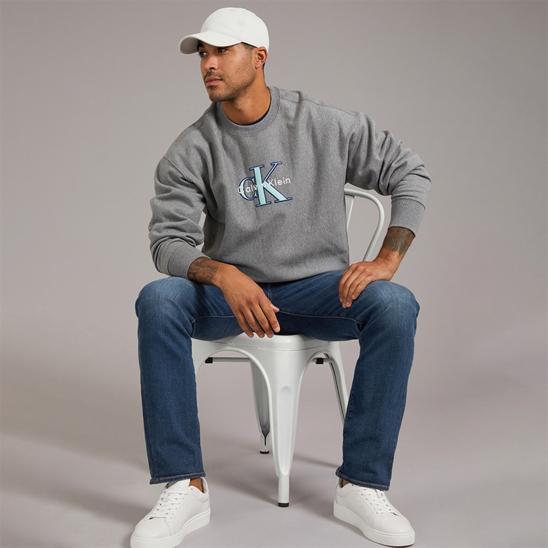 Calvin Klein Jeans Mens Premium Tri-Color Monologo Sweatshirt Medium Grey Heather