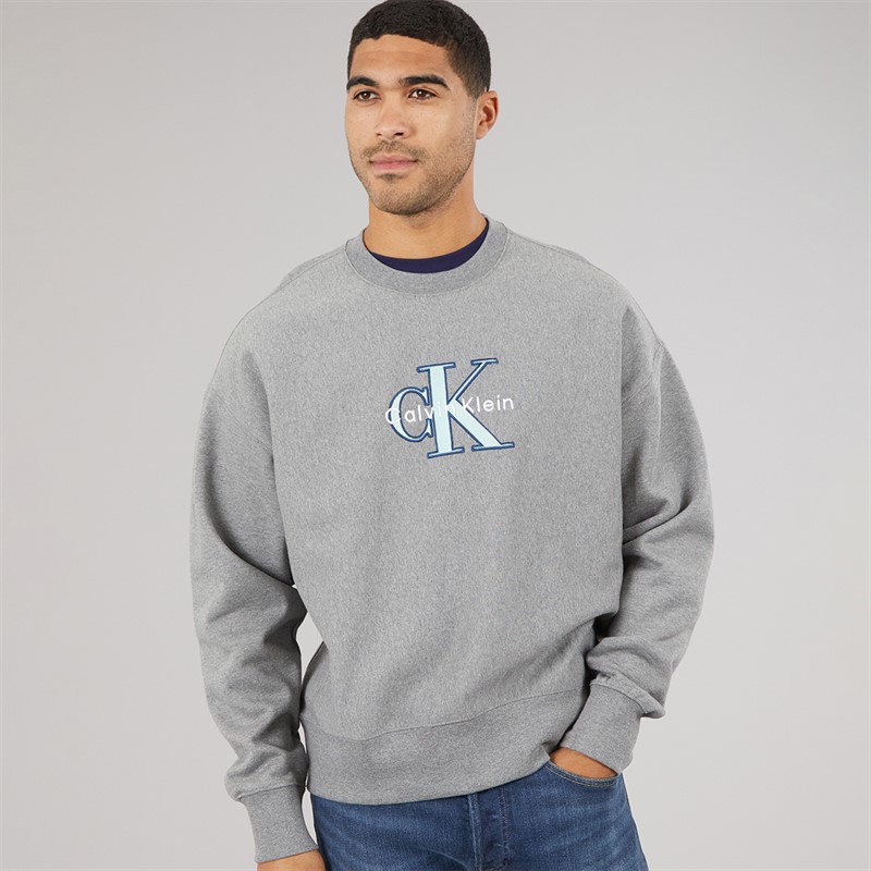 Calvin Klein Jeans Mens Premium Tri-Color Monologo Sweatshirt Medium Grey Heather