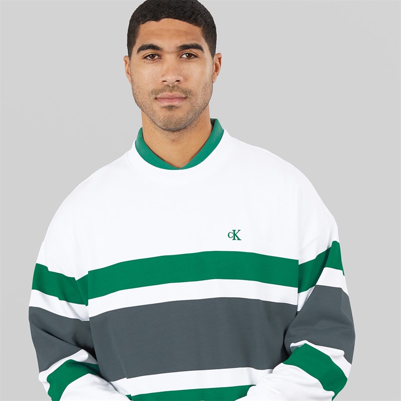 Calvin Klein Jeans Mens Premium Terry Block Stripe Sweatshirt Bright White