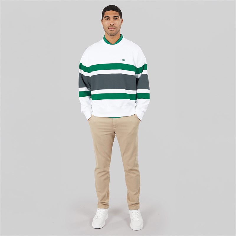 Calvin Klein Jeans Mens Premium Terry Block Stripe Sweatshirt Bright White