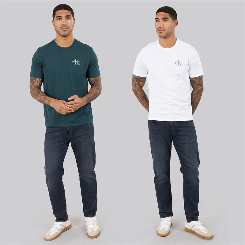 Calvin Klein Jeans Mens Short Sleeve Classic Two Pack Sports T-Shirts Bright White/Dark Teal