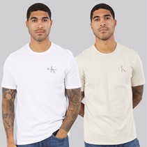 Calvin Klein Jeans Mens Short Sleeve Classic Two Pack Sports T-Shirts Bright White/Oatmeal