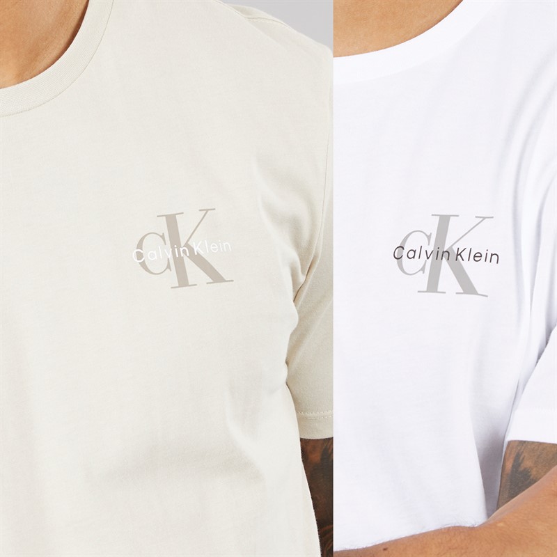 Calvin Klein Jeans Mens Short Sleeve Classic Two Pack Sports T-Shirts Bright White/Oatmeal