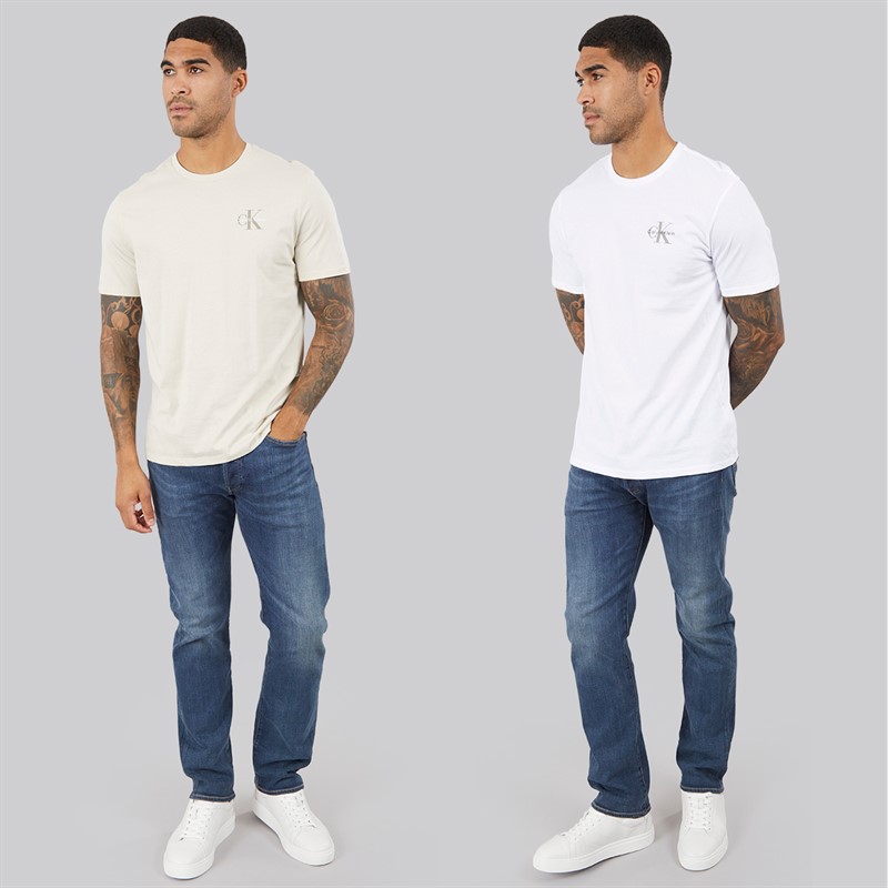 Calvin Klein Jeans Mens Short Sleeve Classic Two Pack Sports T-Shirts Bright White/Oatmeal