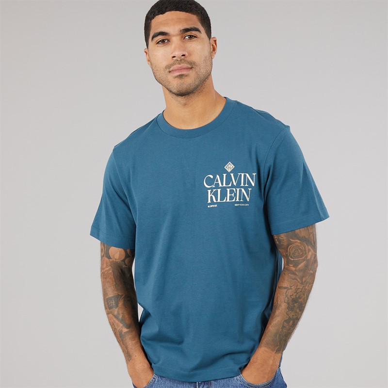 Calvin Klein Jeans Mens Short Sleeve Logo Roses Graphic T-Shirt Navy Teal